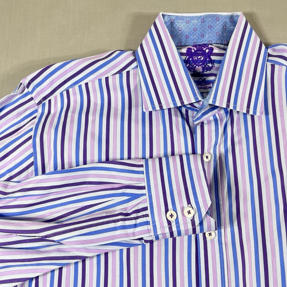 English Laundry Striped Dress Shirt Men Large Purple Blue Button Up Long Sleeve